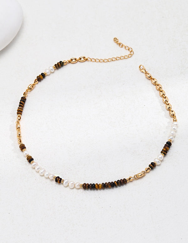 Amber Rhythm Pearl Necklace With Tiger's Eye Beads