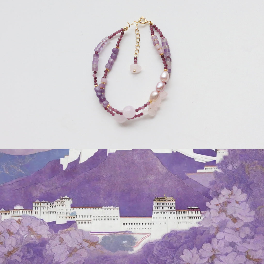 Calm Serenity - Double Layer Amethyst Rose Quartz Bracelet, crafted with amethyst, lepidolite, rose quartz, and Baroque pearls, designed to inspire peace and balance.