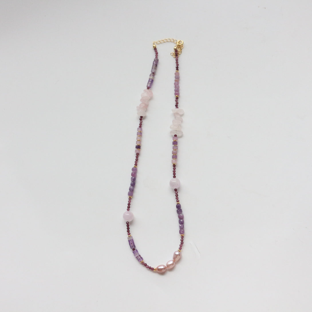 Calm Serenity - Amethyst Lepidolite Rose Quartz Pearl Necklace, crafted to inspire tranquility and love, featuring amethyst, lepidolite, rose quartz, and Baroque pearls.