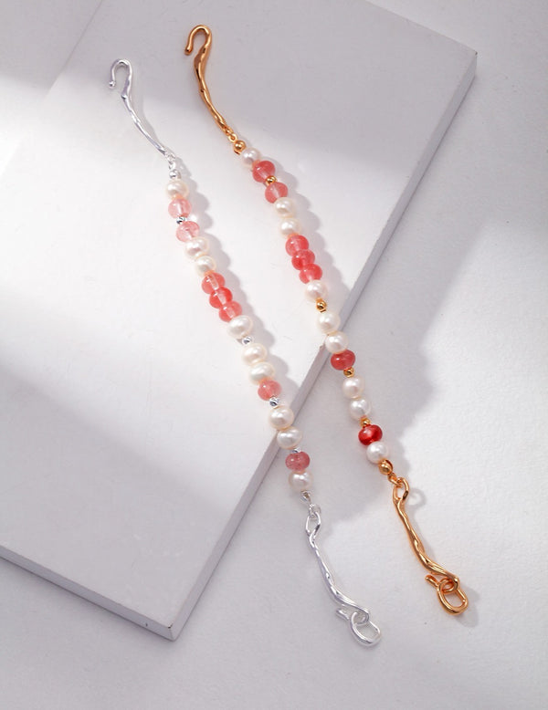 Coral Blush Pearl Bracelet with Strawberry Quartz