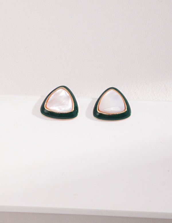 Shell Triangle Stud Earring with Green Enamel