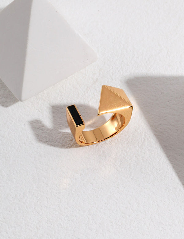 Geometric Open Ring With Black Enamel